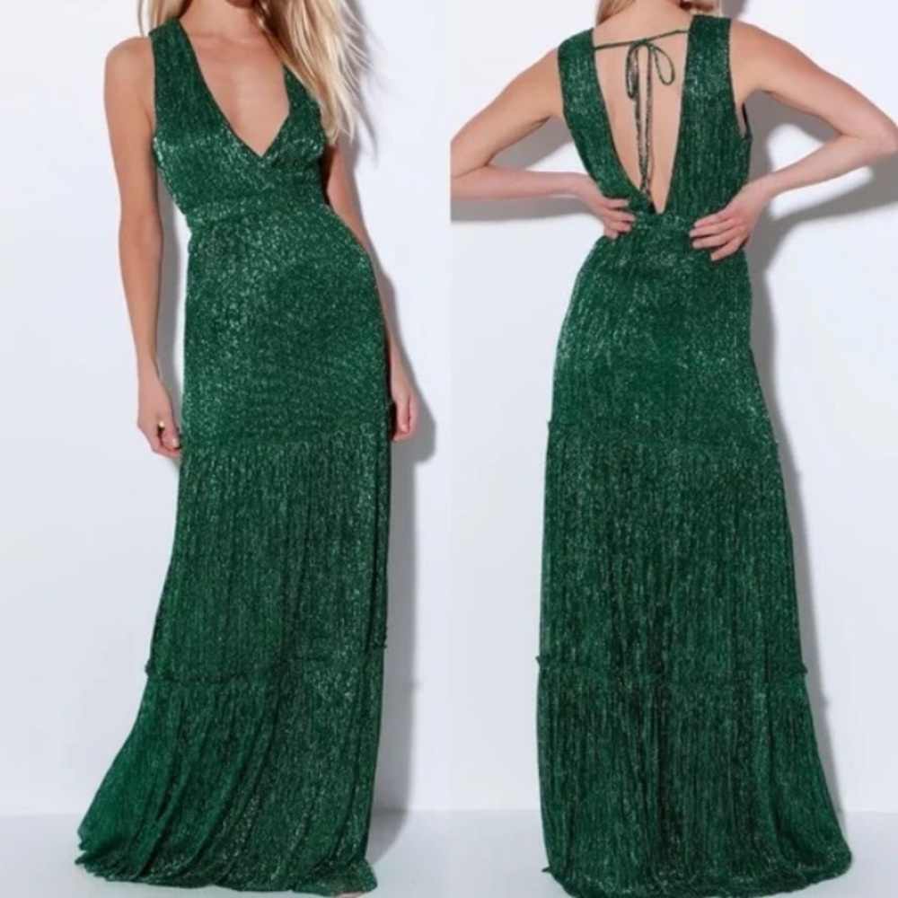 Lulus Lulu’s Falling Star Teal Green Shimmer Sleeveless Maxi Dress